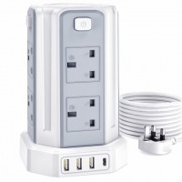 Tower Extension Lead with USB Slots 3M, (13A 3250W) 4 USB Ports and 8 Way Extension Tower, Surge Protection Extension Lead with 4 Independent Control Switch, Extension Cable for Home, Office, Kitchen