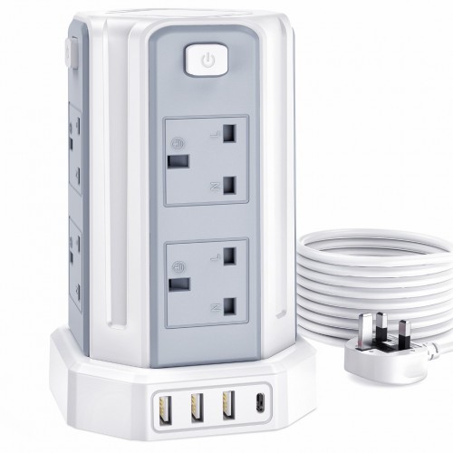 Tower Extension Lead with USB Slots 3M, (13A 3250W) 4 USB Ports and 8 Way Extension Tower, Surge Protection Extension Lead with 4 Independent Control Switch, Extension Cable for Home, Office, Kitchen