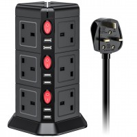 Tower Extension Lead with usb Slots [13A 3250W] Surge Protector - 12 AC Outlets & 6 USB Ports 16.4FT/5M Extension Cords for Home, Office Black…
